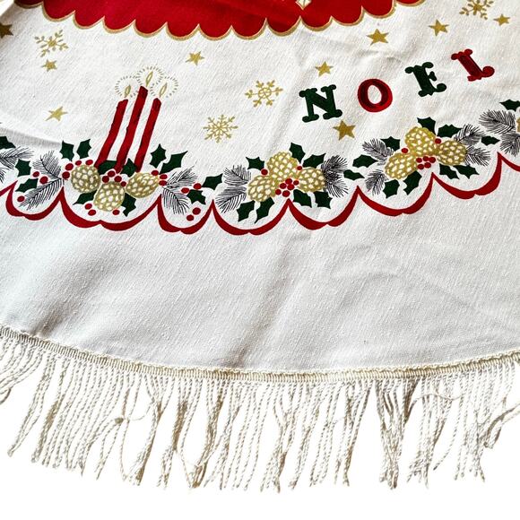 Vintage Christmas Holiday Tablecloth Cotton Print Round Fringe Red Gold Festive - Picture 10 of 10